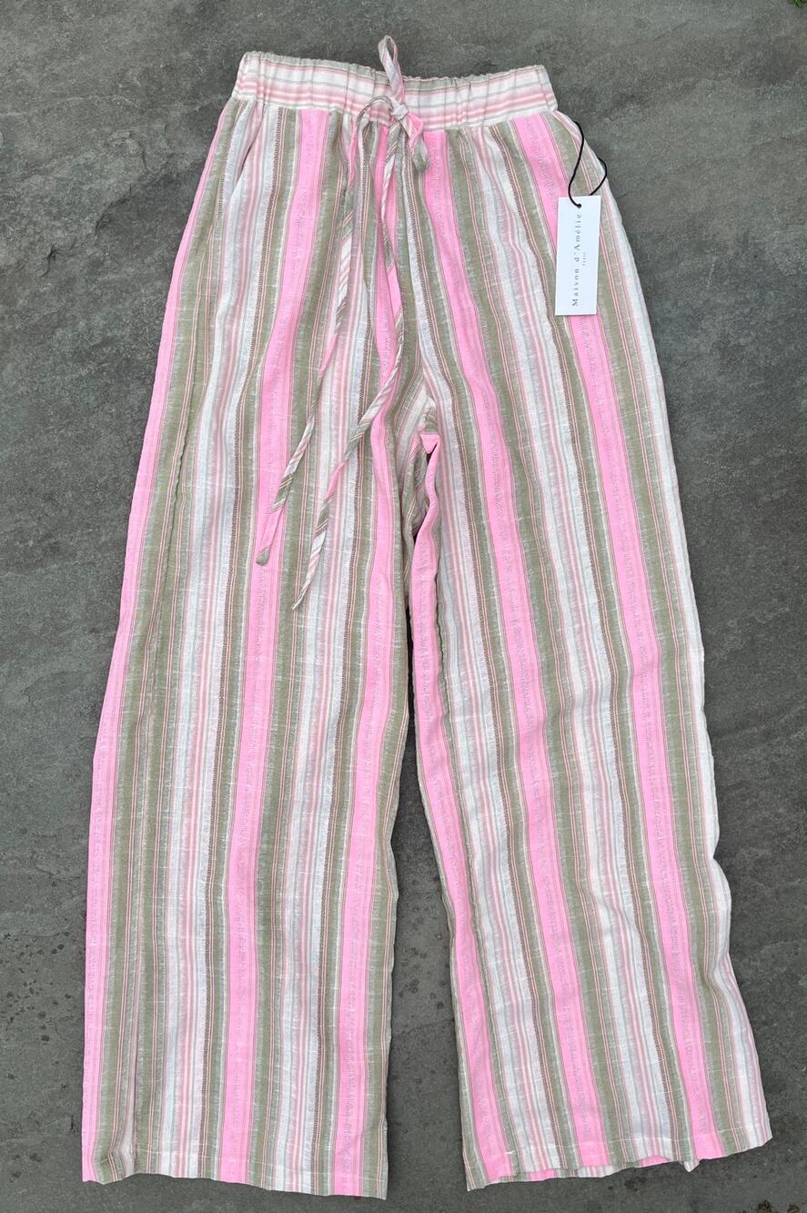 Maison D'Amelie Wide Leg Striped Linen Blend Pants Pink Olive High Rise Small